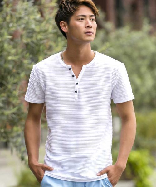 A.S.M（エーエスエム）の「タックジャガードヘンリーネックT（Tシャツ/カットソー・メンズ・グレー/ブルー/ブラック/カーキ/オフホワイト/ネイビー・48/50/52）」の2枚目の写真