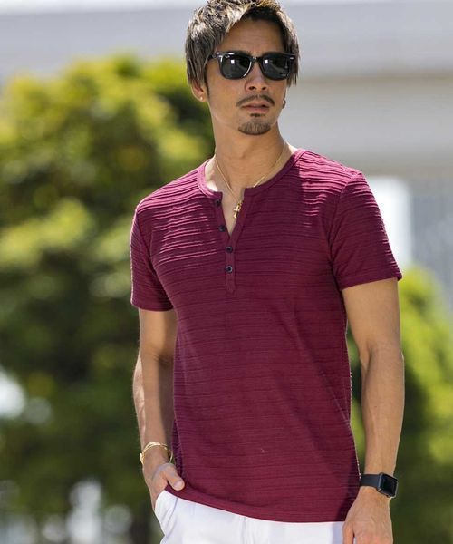 A.S.M（エーエスエム）の「タックジャガードヘンリーネックT（Tシャツ/カットソー・メンズ・グレー/ブルー/ブラック/カーキ/オフホワイト/ネイビー・48/50/52）」の4枚目の写真