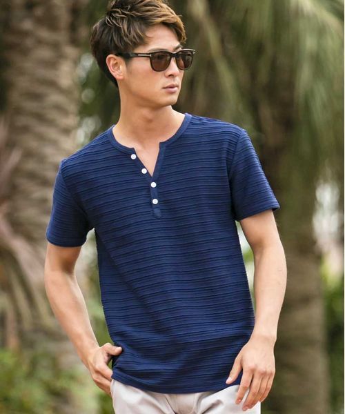 A.S.M（エーエスエム）の「タックジャガードヘンリーネックT（Tシャツ/カットソー・メンズ・グレー/ブルー/ブラック/カーキ/オフホワイト/ネイビー・48/50/52）」の12枚目の写真
