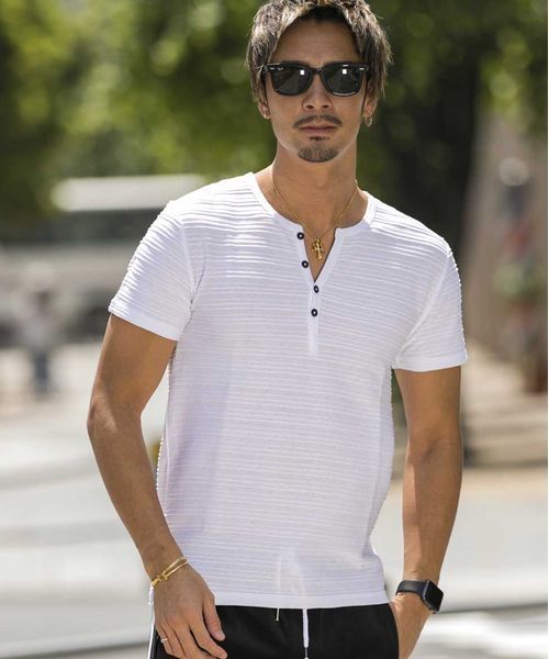 A.S.M（エーエスエム）の「タックジャガードヘンリーネックT（Tシャツ/カットソー・メンズ・グレー/ブルー/ブラック/カーキ/オフホワイト/ネイビー・48/50/52）」の10枚目の写真