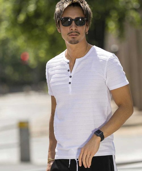 A.S.M（エーエスエム）の「タックジャガードヘンリーネックT（Tシャツ/カットソー・メンズ・グレー/ブルー/ブラック/カーキ/オフホワイト/ネイビー・48/50/52）」の9枚目の写真