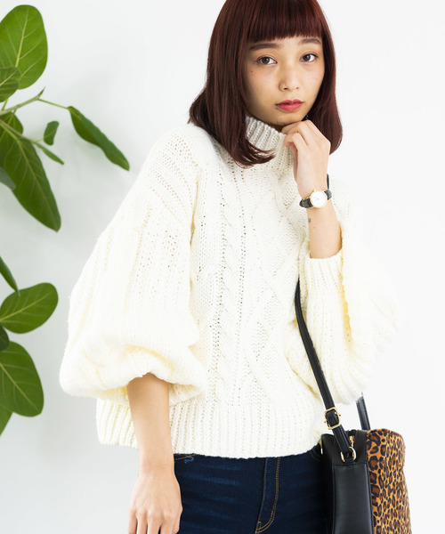 WEGO(ウィゴー)の「WEGO/ロービングハイネックケーブルニット(ニット/セーター・レディース・ダークブラウン/ピンク/アイボリー/杢グレー/ライトベージュ・FREE)」の1枚目の写真