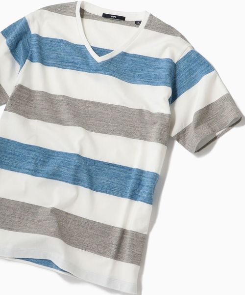 SHIPS(シップス)の「SC: MADE IN JAPAN ワイドボーダー Vネック Tシャツ 19SS(Tシャツ/カットソー・メンズ・チャコールグレー/ライトブルー/ネイビー/ブラウン/レッド/イエロー/コバルトブルー/ダークネイビー・SMALL/MEDIUM/LARGE/X-LARGE)」の4枚目の写真