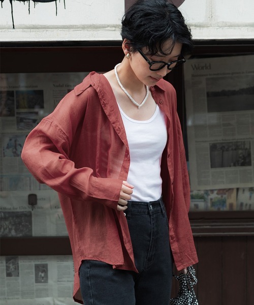 coca(coca)(コカ)の「\新色登場/シアー素材シャツブラウス(シャツ/ブラウス・レディース・ピンク/ホワイト/ブラック/パープル/ブラウン/ダークブルー/レッド/グレー/カーキ・ONE SIZE/M/L)」の2枚目の写真