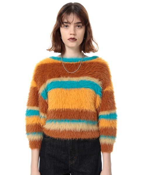 SLY（スライ）の「MINK LIKE H/S BORDER TOPS/ハーフスリーブボーダートップス（ニット/セーター・レディース・オレンジ系その他/ブラウン系その他2・FREE）」の11枚目の写真