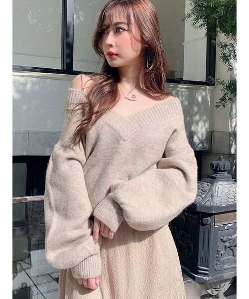 RESEXXY（リゼクシー）の「ワイドリブVネックニットPO（ニット/セーター・レディース・アイボリー/ブラウン/ベージュ・FREE）」の3枚目の写真