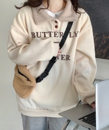【ボアバック付き】　襟ボアドッキングロゴトレーナーボア