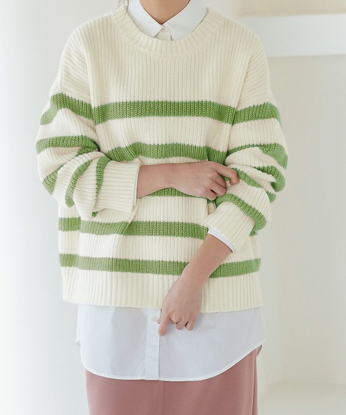 KOBE LETTUCE（コウベレタス）の「カラーボーダーニットトップス（ニット/セーター・レディース・ピンク/グリーン/モカ・FREE）」の2枚目の写真