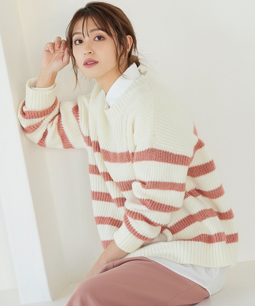 KOBE LETTUCE（コウベレタス）の「カラーボーダーニットトップス（ニット/セーター・レディース・ピンク/グリーン/モカ・FREE）」の6枚目の写真