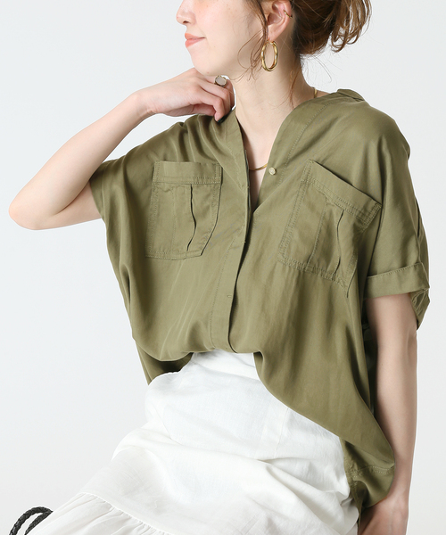 B.C STOCK（ベーセーストック）の「リヨセルスキッパーシャツ（シャツ/ブラウス・レディース・ブラック/カーキ・FREE）」の2枚目の写真