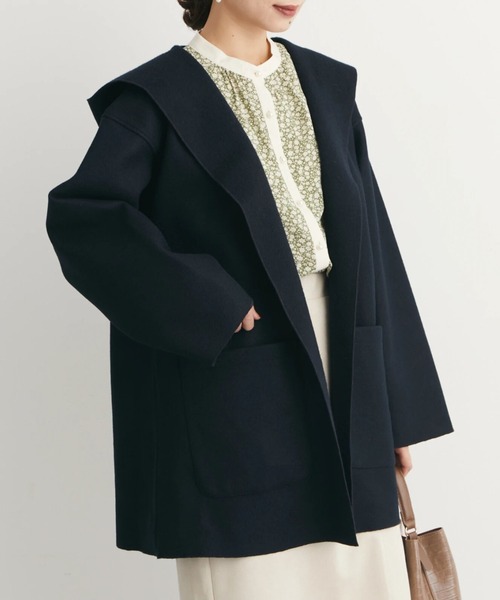 Green　Parks（グリーンパークス）の「フード付きミディコーディガン（その他アウター・レディース・キャメル/ライトベージュ/ダークネイビー/ブルー・FREE）」の4枚目の写真