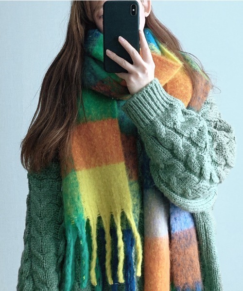 yuue' ( wear )(ユーイ)の「カラフルチェック柄大判マフラー(マフラー・レディース・ピンク/オレンジ/グリーン・FREE)」の15枚目の写真