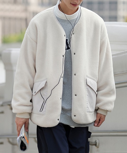 HOOK】2WAYリバーシブルノーカラーボアジャケット（ブルゾン）｜HOOK