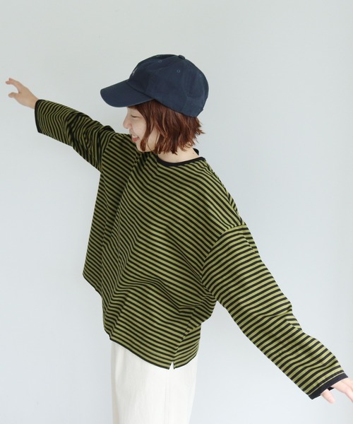 PAR ICI（パーリッシィ）の「ボーダー配色バインダー BIGカットソー（Tシャツ/カットソー・レディース・ネイビー/グリーン系その他/ブルー/グリーン/アイボリー/パープル/ダークグリーン/オレンジ系その他/ブラウン/ワインレッド/チャコールグレー/レッド・FREE）」の7枚目の写真