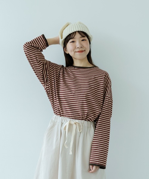 PAR ICI（パーリッシィ）の「ボーダー配色バインダー BIGカットソー（Tシャツ/カットソー・レディース・ネイビー/グリーン系その他/ブルー/グリーン/アイボリー/パープル/ダークグリーン/オレンジ系その他/ブラウン/ワインレッド/チャコールグレー/レッド・FREE）」の16枚目の写真