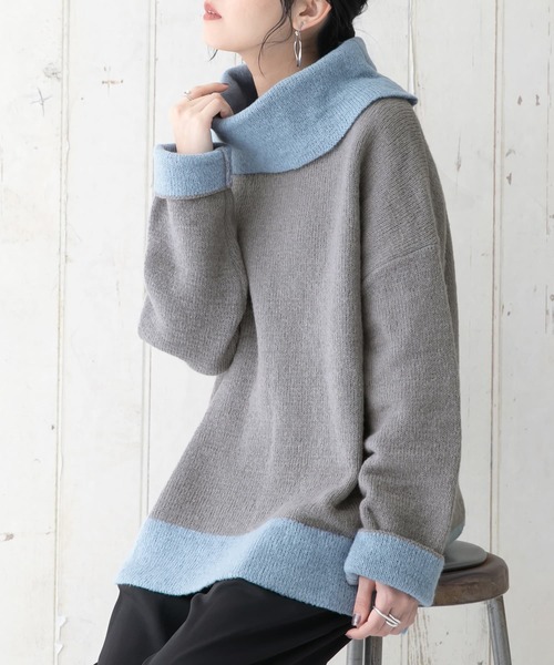 osharewalker（オシャレウォーカー）の「【廃盤】『配色モヘヤタッチオフタートルニット』（ニット/セーター・レディース・グレー/ベージュ/グリーン・FREE）」の2枚目の写真