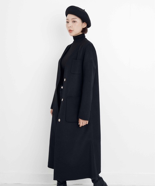 eversince】 HANDMADEヘリンボーンウール・ノーカラーコート
