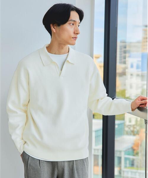 green label relaxing（グリーンレーベルリラクシング）の「クリアコットン スウェットライク スキッパー ポロ ニット -ウォッシャブル-（ニット/セーター・メンズ・オフホワイト/ライム/ネイビー・S/M/L/XL）」の8枚目の写真