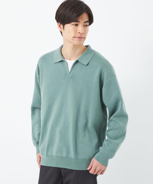 green label relaxing（グリーンレーベルリラクシング）の「クリアコットン スウェットライク スキッパー ポロ ニット -ウォッシャブル-（ニット/セーター・メンズ・オフホワイト/ライム/ネイビー・S/M/L/XL）」の5枚目の写真