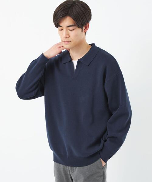 green label relaxing（グリーンレーベルリラクシング）の「クリアコットン スウェットライク スキッパー ポロ ニット -ウォッシャブル-（ニット/セーター・メンズ・オフホワイト/ライム/ネイビー・S/M/L/XL）」の7枚目の写真