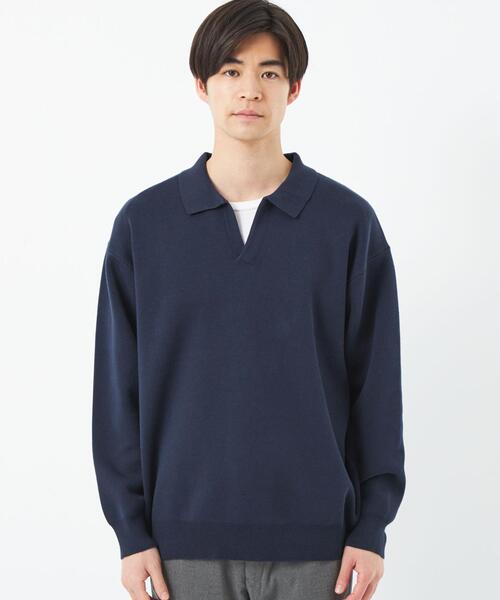 green label relaxing（グリーンレーベルリラクシング）の「クリアコットン スウェットライク スキッパー ポロ ニット -ウォッシャブル-（ニット/セーター・メンズ・オフホワイト/ライム/ネイビー・S/M/L/XL）」の4枚目の写真