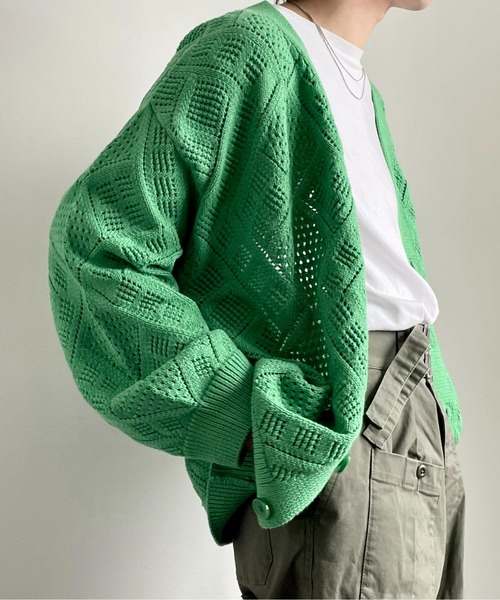 y/m by れぽすけ（イムバイレポスケ）の「クロシェ編みカーデ（カーディガン/ボレロ・メンズ・グレイッシュベージュ/グリーン・LARGE/MEDIUM）」の3枚目の写真