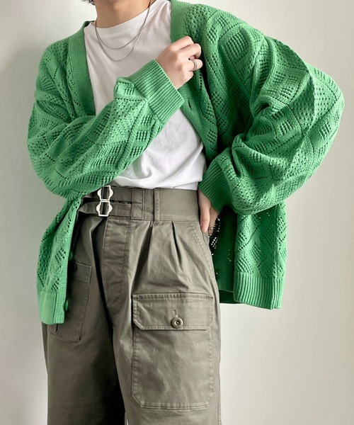 y/m by れぽすけ（イムバイレポスケ）の「クロシェ編みカーデ（カーディガン/ボレロ・メンズ・グレイッシュベージュ/グリーン・LARGE/MEDIUM）」の4枚目の写真