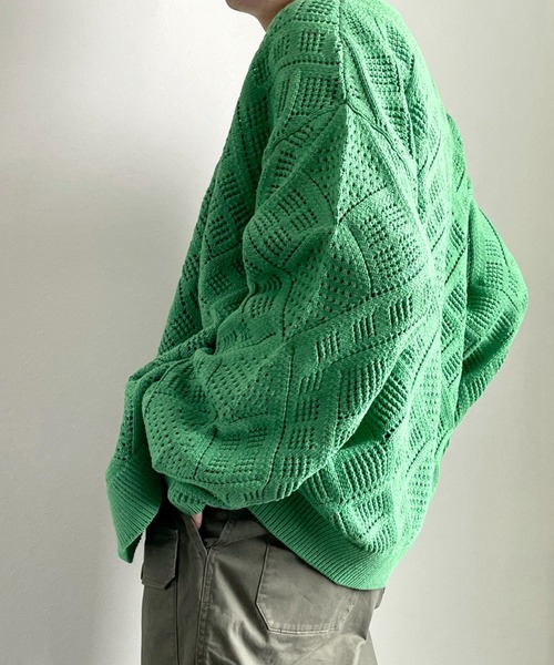 y/m by れぽすけ（イムバイレポスケ）の「クロシェ編みカーデ（カーディガン/ボレロ・メンズ・グレイッシュベージュ/グリーン・LARGE/MEDIUM）」の5枚目の写真