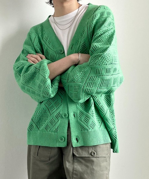 y/m by れぽすけ（イムバイレポスケ）の「クロシェ編みカーデ（カーディガン/ボレロ・メンズ・グレイッシュベージュ/グリーン・LARGE/MEDIUM）」の6枚目の写真