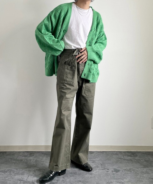 y/m by れぽすけ（イムバイレポスケ）の「クロシェ編みカーデ（カーディガン/ボレロ・メンズ・グレイッシュベージュ/グリーン・LARGE/MEDIUM）」の10枚目の写真