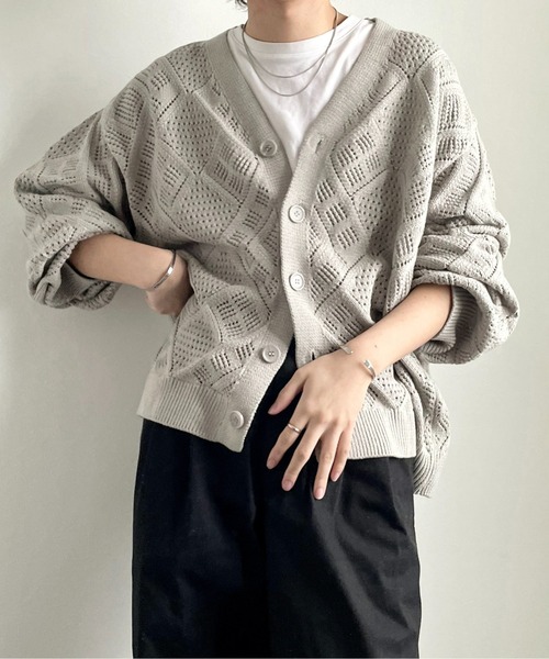 y/m by れぽすけ（イムバイレポスケ）の「クロシェ編みカーデ（カーディガン/ボレロ・メンズ・グレイッシュベージュ/グリーン・LARGE/MEDIUM）」の18枚目の写真