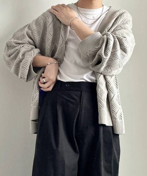 y/m by れぽすけ（イムバイレポスケ）の「クロシェ編みカーデ（カーディガン/ボレロ・メンズ・グレイッシュベージュ/グリーン・LARGE/MEDIUM）」の19枚目の写真