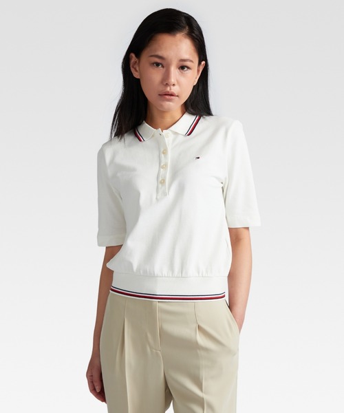 TOMMY HILFIGER（トミーヒルフィガー）の「グローバルストライプポロシャツ（ポロシャツ・レディース・ホワイト/ネイビー・X-SMALL/LARGE/SMALL/MEDIUM）」の2枚目の写真