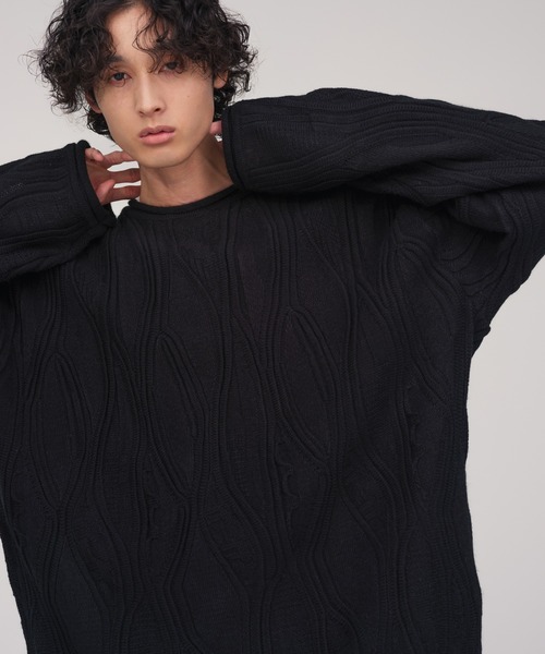 ADAM ET ROPE'（アダムエロペ）の「【WEB限定】3D ジャガード編み ルーズ シルエット クルーネック ニット/ユニセックス（ニット/セーター・メンズ・ブラック/グレー・L/M）」の3枚目の写真