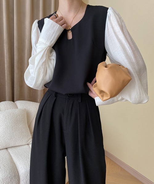 aimoha（アイモハ）の「エレガントビショップスリーブトップス（シャツ/ブラウス・レディース・ブラック・SMALL/LARGE/MEDIUM）」の16枚目の写真