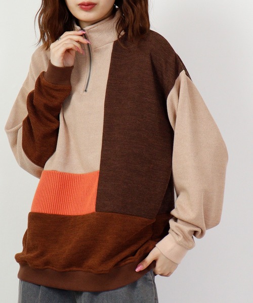 ATELANE（アテレーン）の「異素材パネル切替ハーフジップ（スウェット・メンズ・ベージュ/チャコール・L/M/XL）」の2枚目の写真
