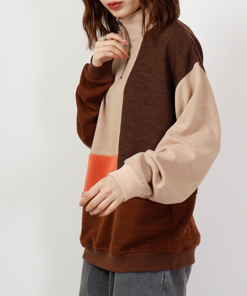 ATELANE（アテレーン）の「異素材パネル切替ハーフジップ（スウェット・メンズ・ベージュ/チャコール・L/M/XL）」の9枚目の写真