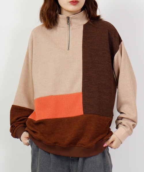 ATELANE（アテレーン）の「異素材パネル切替ハーフジップ（スウェット・メンズ・ベージュ/チャコール・L/M/XL）」の8枚目の写真