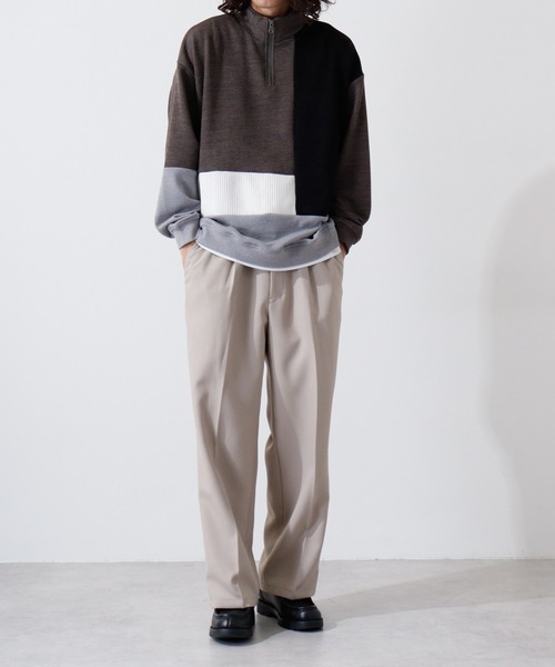 ATELANE（アテレーン）の「異素材パネル切替ハーフジップ（スウェット・メンズ・ベージュ/チャコール・L/M/XL）」の7枚目の写真