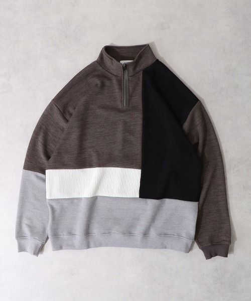 ATELANE（アテレーン）の「異素材パネル切替ハーフジップ（スウェット・メンズ・ベージュ/チャコール・L/M/XL）」の13枚目の写真