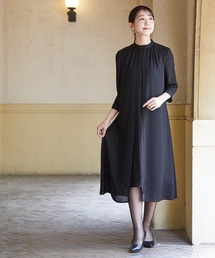 Petitjo | 小さいサイズ　【喪服・礼服】日本製生地使用！洗える防しわ加工前開きスタンドカラーデザインワンピース　低身長さん・小柄女性(スーツセット)