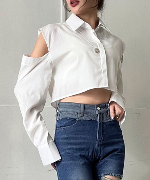 Jewelobe（ジュエローブ）の「ショルダーカットアウトクロップドシャツ（シャツ/ブラウス・レディース・ピンク/ホワイト/ブラック・FREE）」の8枚目の写真