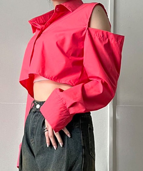 Jewelobe（ジュエローブ）の「ショルダーカットアウトクロップドシャツ（シャツ/ブラウス・レディース・ピンク/ホワイト/ブラック・FREE）」の21枚目の写真