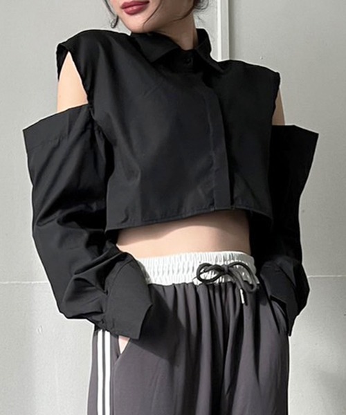 Jewelobe（ジュエローブ）の「ショルダーカットアウトクロップドシャツ（シャツ/ブラウス・レディース・ピンク/ホワイト/ブラック・FREE）」の16枚目の写真