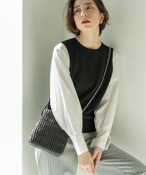 OPAQUE.CLIP（オペークドットクリップ）の「◆スリーブフハクドッキングニット【洗濯機洗い可】（ニット/セーター・レディース・ホワイト/ベージュ/ライトブルー/ブラック系4・40/38/36）」の2枚目の写真