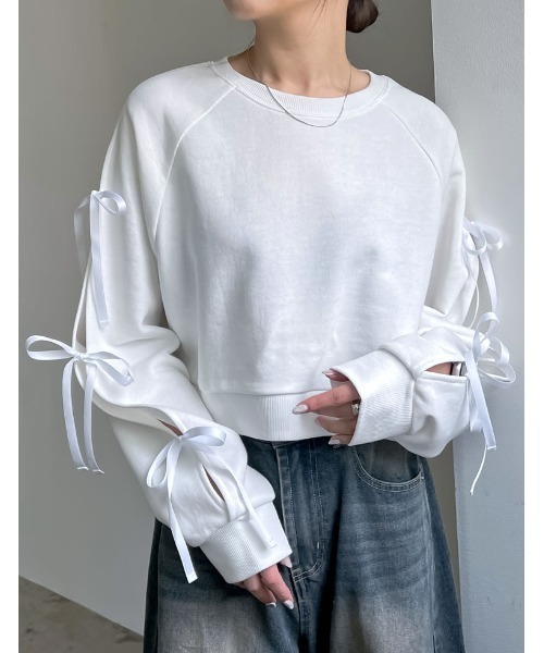 Re:EDIT（リエディ）の「裏毛袖リボンクロップドプルオーバー