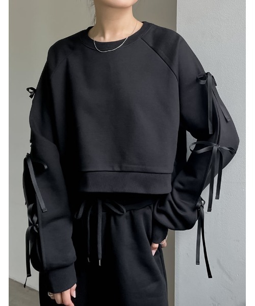 Re:EDIT（リエディ）の「裏毛袖リボンクロップドプルオーバー