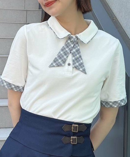 F i.n.t（フィント）の「チェックタイ付きポロシャツ/fint（ポロシャツ・レディース・グリーン/ピンク/オフホワイト・FREE）」の2枚目の写真