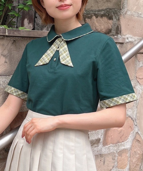 F i.n.t（フィント）の「チェックタイ付きポロシャツ/fint（ポロシャツ・レディース・グリーン/ピンク/オフホワイト・FREE）」の3枚目の写真