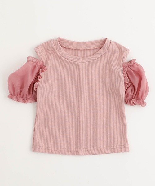 URBAN CHERRY(アーバンチェリー)の「オープンショルダー異素材ドッキングシアーパフスリーブリブトップス(Tシャツ/カットソー・キッズ・アイボリー/ブルー/ピンク・110cm/120cm/130cm/150cm/140cm)」の4枚目の写真
